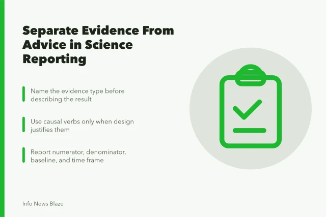 Card on separating evidence from advice in science reporting. Science reporting guides work best when evidence and advice stay separate