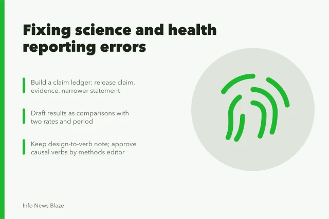 Checklist card for fixing science and health reporting claims. Science and health reporting problems and practical fixes in 2027