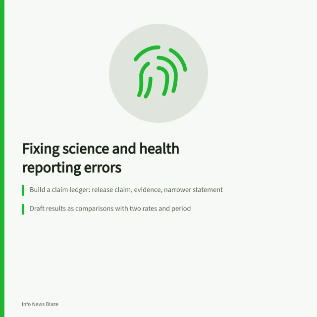 Checklist card for fixing science and health reporting claims. Science and health reporting problems and practical fixes in 2027