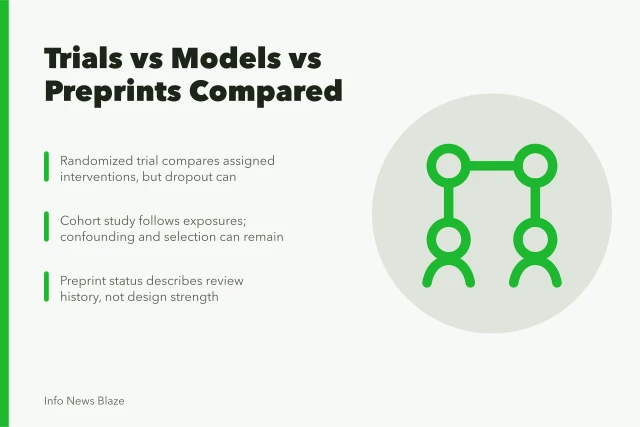 Comparison of scientific evidence types: trials, cohorts, models, and preprints. Trials vs models vs preprints, scientific evidence types compared