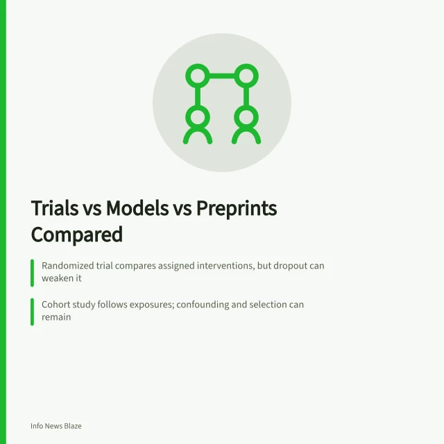 Comparison of scientific evidence types: trials, cohorts, models, and preprints. Trials vs models vs preprints, scientific evidence types compared