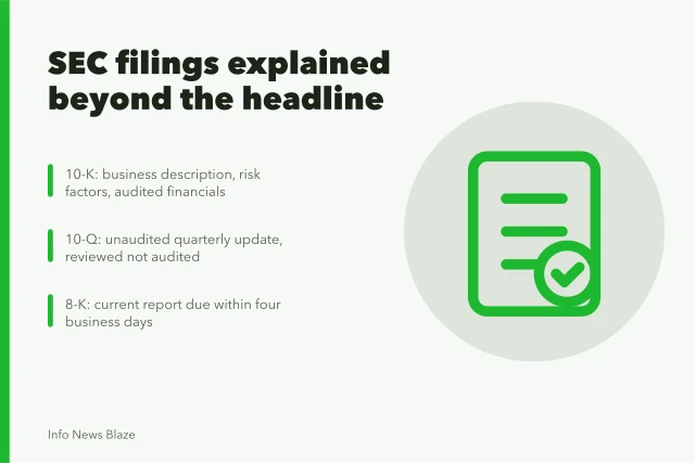 Card explaining 10-K, 10-Q, 8-K and proxy filings. SEC filings explained for readers who only see the headline number