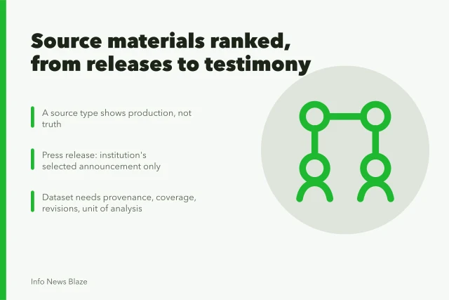 Comparison of source material types from press releases to sworn testimony. Source materials, ranked: from press releases to sworn testimony