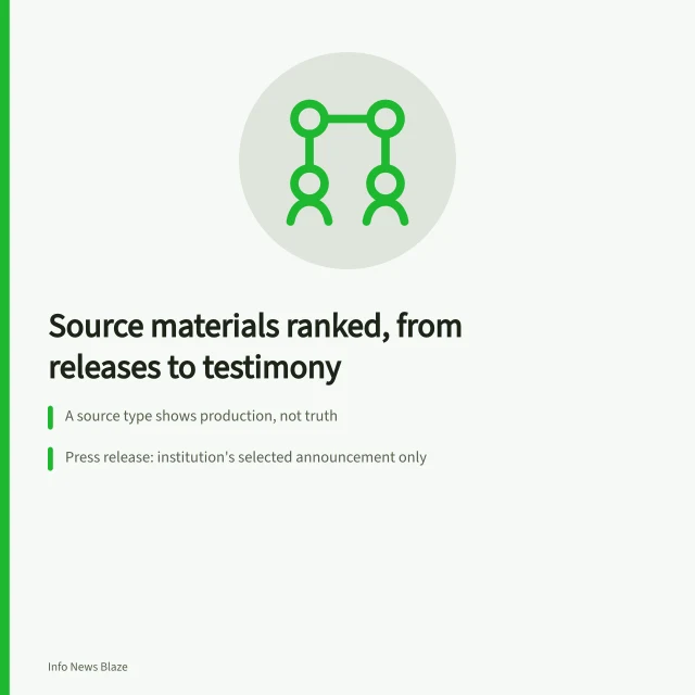 Comparison of source material types from press releases to sworn testimony. Source materials, ranked: from press releases to sworn testimony