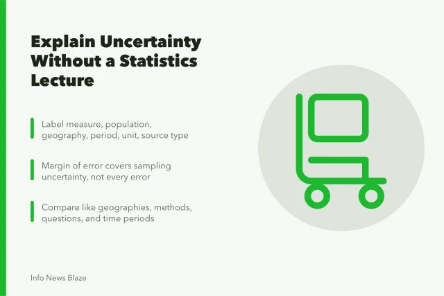 Card explaining how reporters label statistics and describe uncertainty clearly. Should a reporter explain uncertainty without a statistics lecture?