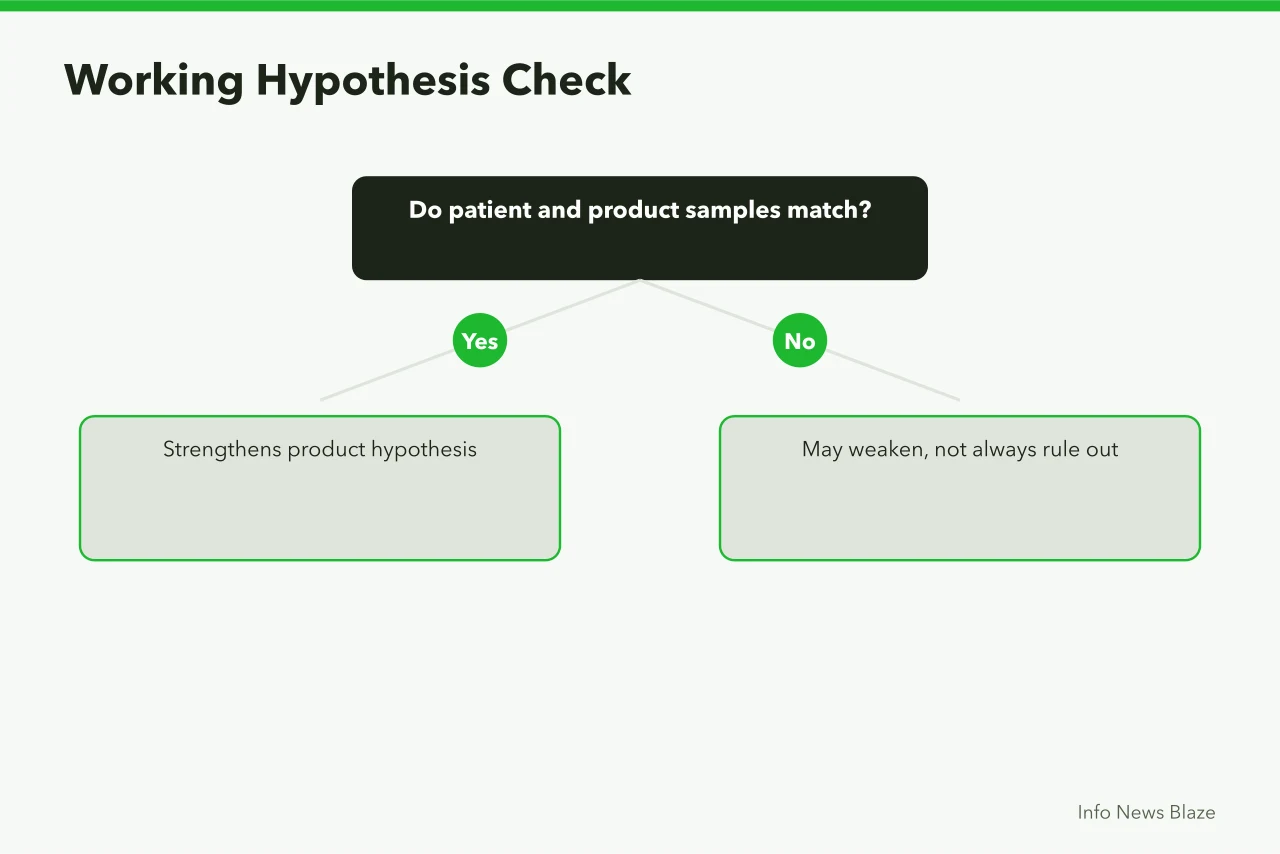 Decision flow for evaluating product hypothesis with lab evidence (What a health alert can say before the case count is confirmed)