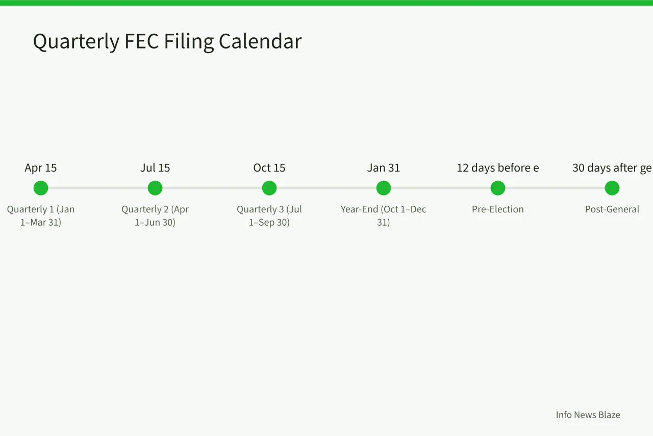 Timeline of FEC quarterly report deadlines from April through January (FEC Filing Deadlines Explained: Who Reports, When, and What to Check)