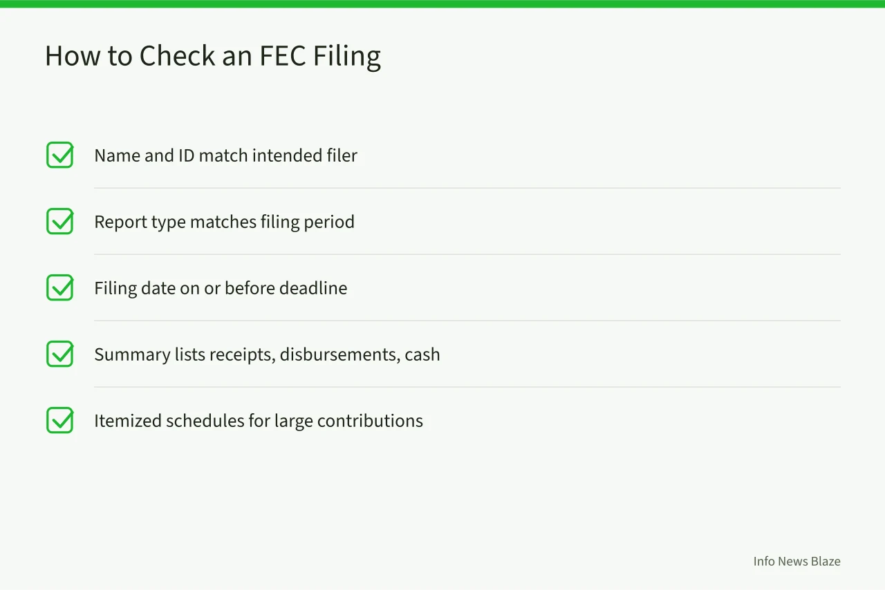 Checklist of five items to verify in an FEC filing (FEC Filing Deadlines Explained: Who Reports, When, and What to Check)