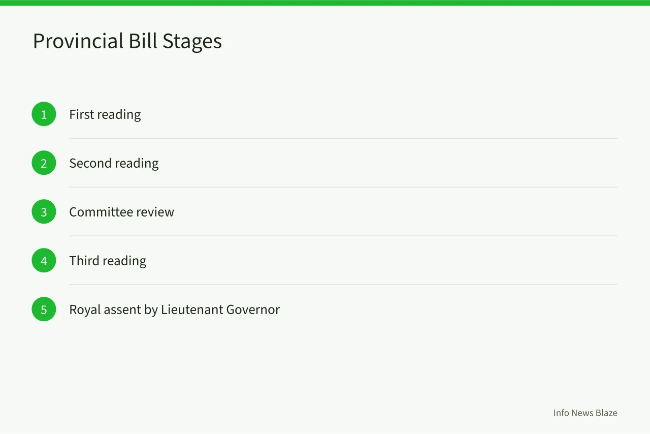 Flowchart of five provincial bill stages without a Senate (Federal vs Provincial Bill in Canada: Jurisdiction, Process, and Where to Watch)