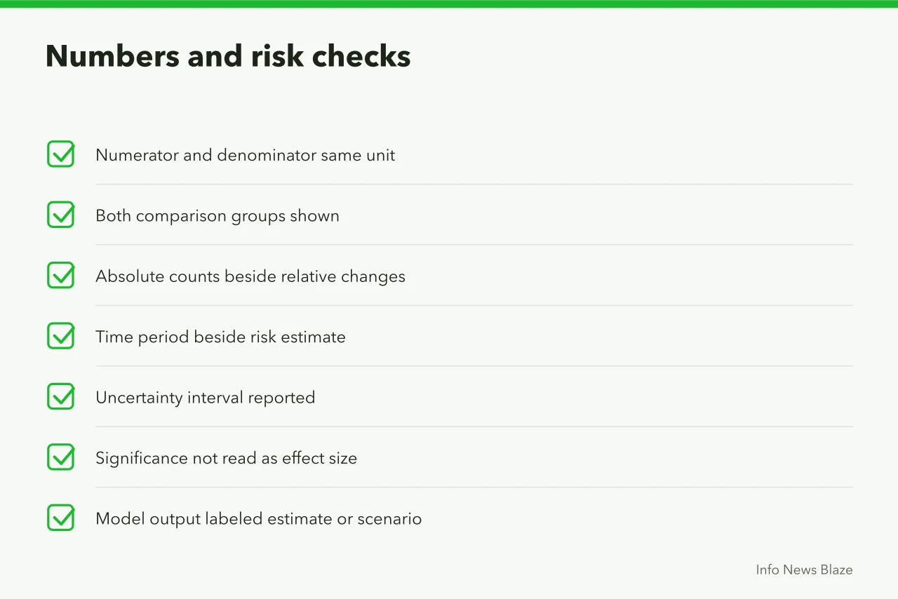 Checklist of seven rules for reporting risk numbers accurately (Health claim checklist: relative risk and the headline warning)