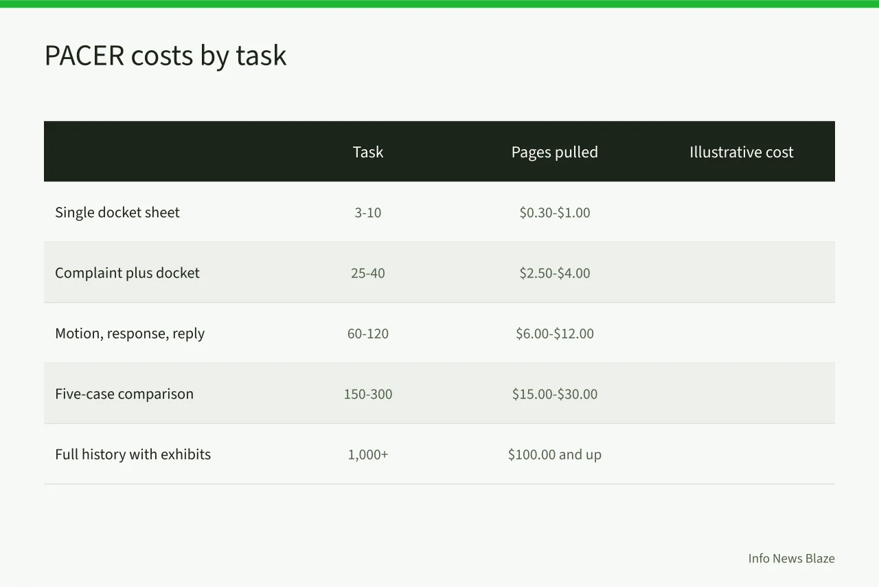 Table comparing PACER page counts and costs for five common research tasks (PACER Docket Search: Fees, Exemptions, and How to Avoid Overpaying)