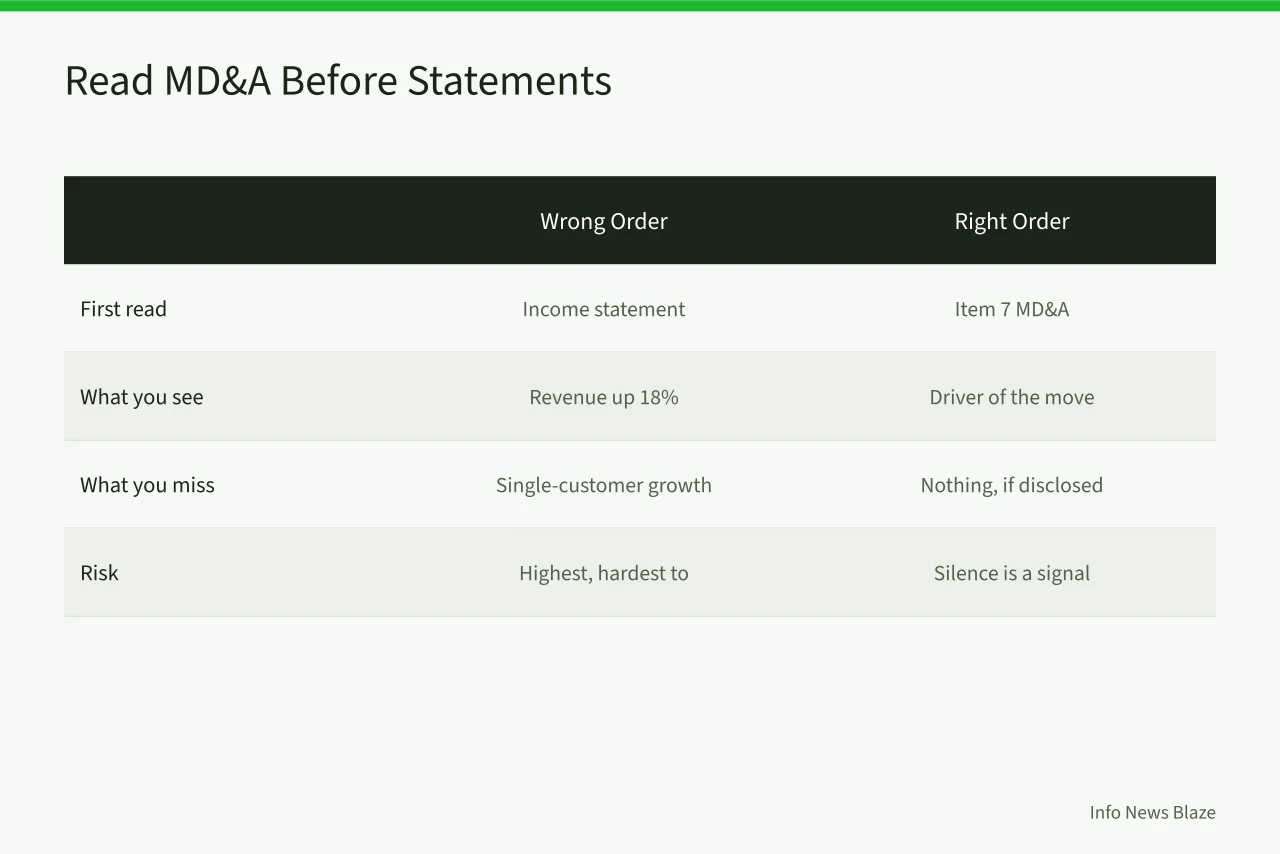 Comparison of reading income statement first versus reading MD&A first (How to Read a 10-K Annual Report for Red Flags: Risk Factors, MD&A, and Footnotes)