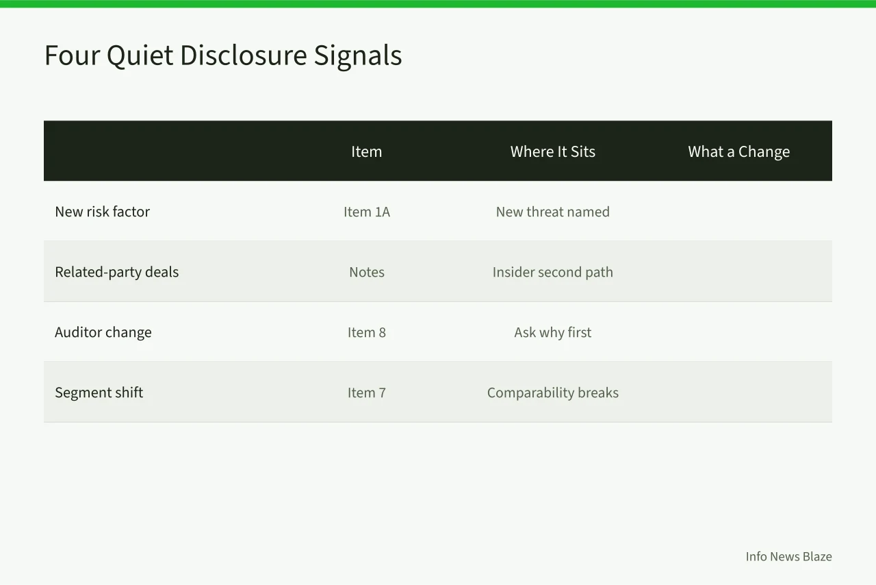 Table of four disclosure signals, their locations, and what changes mean (How to Read a 10-K Annual Report for Red Flags: Risk Factors, MD&A, and Footnotes)
