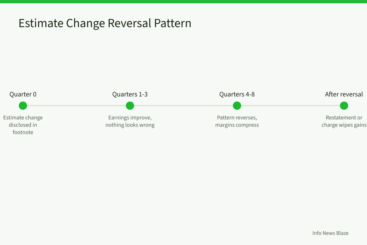 Timeline showing estimate change improving earnings before reversing quarters later (How to Read a 10-K Annual Report for Red Flags: Risk Factors, MD&A, and Footnotes)