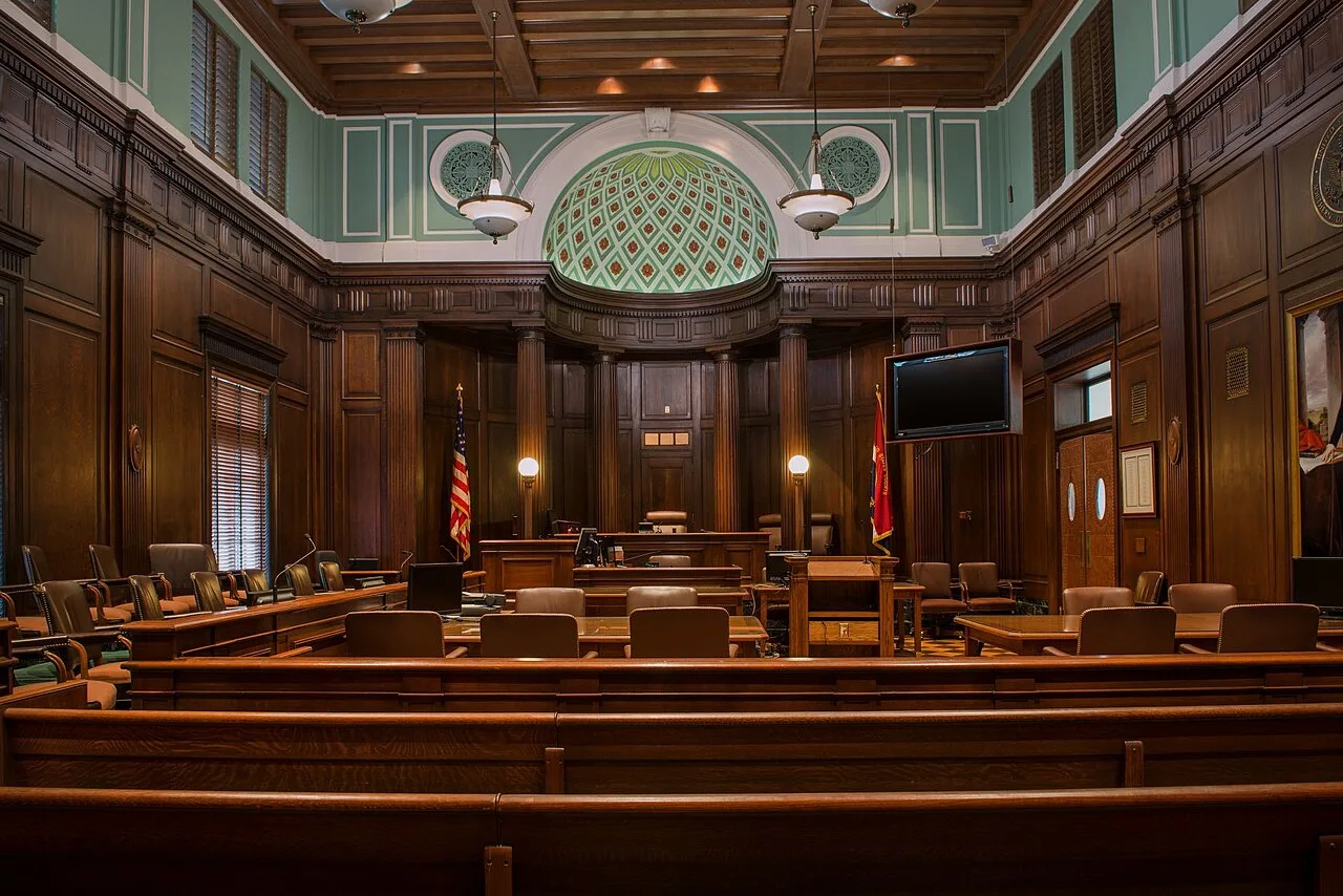 An empty federal courtroom in the United States Courthouse in Augusta, Georgia