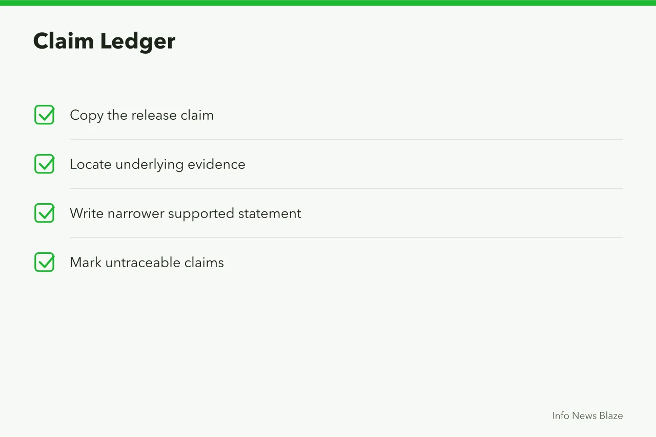 Three-column claim ledger: release claim, evidence, narrower statement (Science and health reporting problems and practical fixes in 2027)