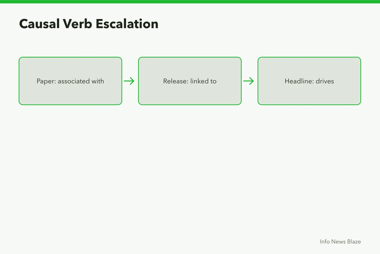 Flow diagram showing causal language sharpening from paper to headline (Science and health reporting problems and practical fixes in 2027)