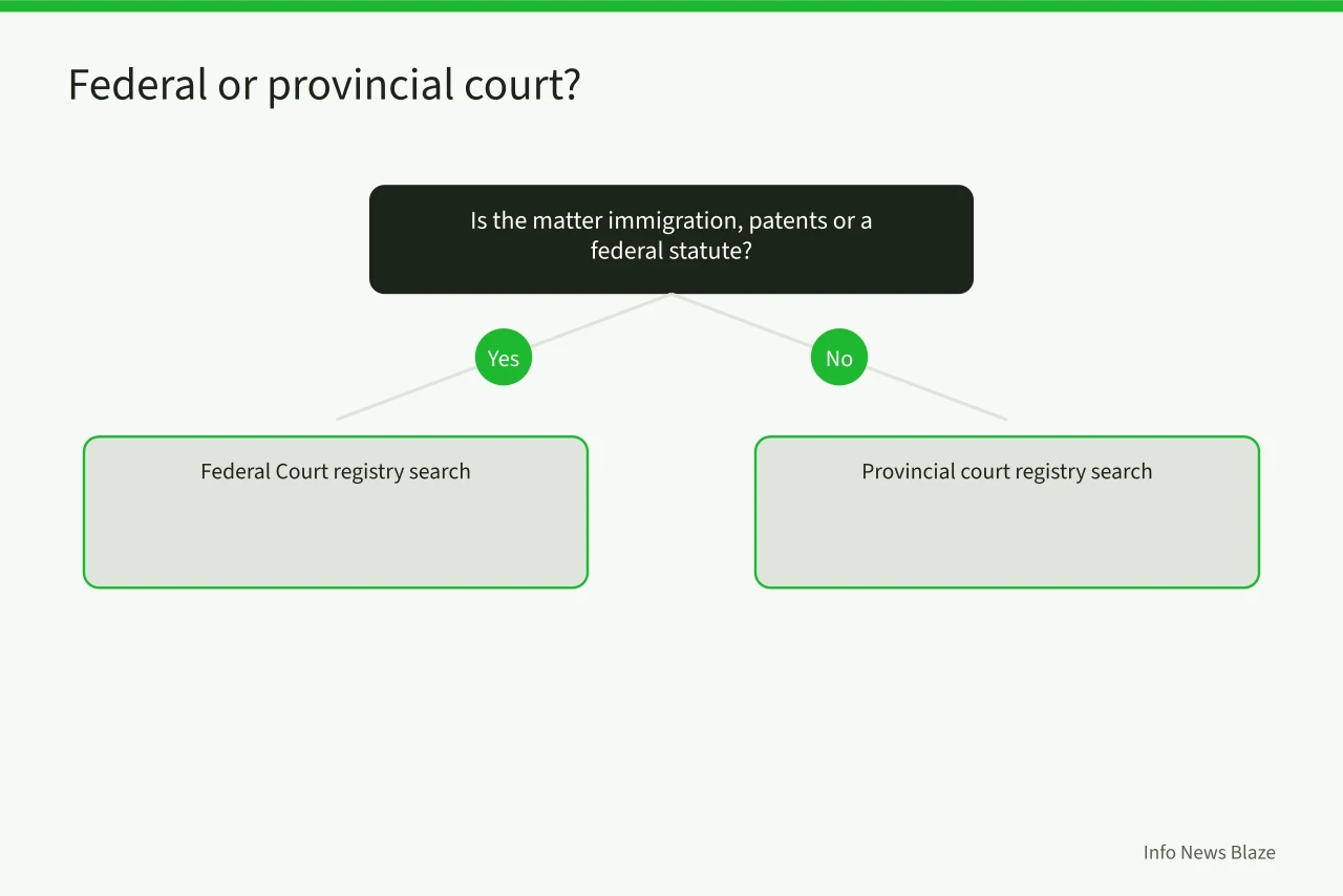Decision flow for choosing federal or provincial court registry (How to Search Canadian Court Dockets: Federal, Provincial, and Fees)