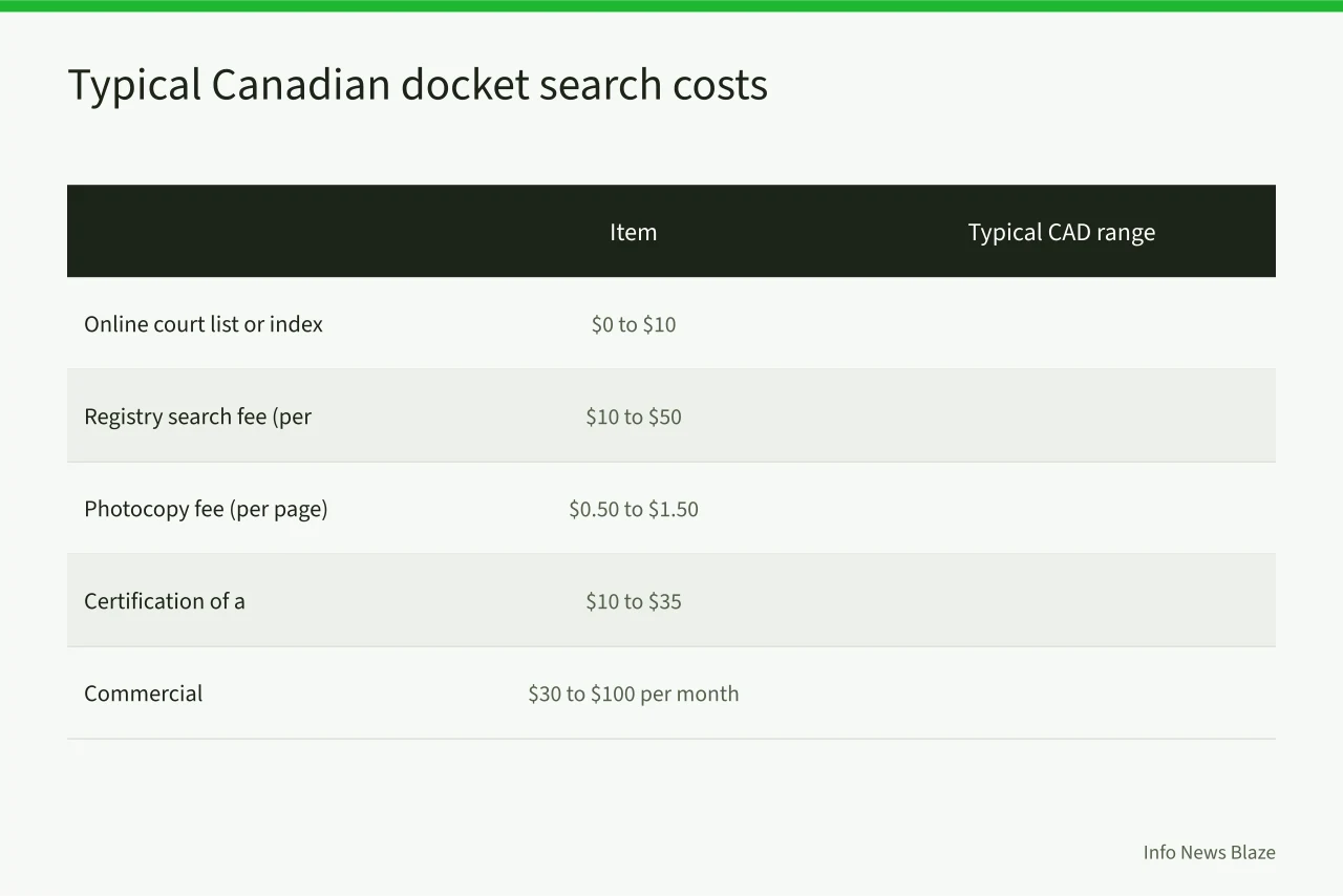 Table of typical Canadian court docket search fees in CAD (How to Search Canadian Court Dockets: Federal, Provincial, and Fees)