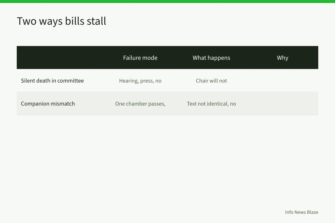 Comparison of two failure modes that stall bills in Congress (How to Track a Federal Bill in Congress: Status, Committee, and Floor Timeline)