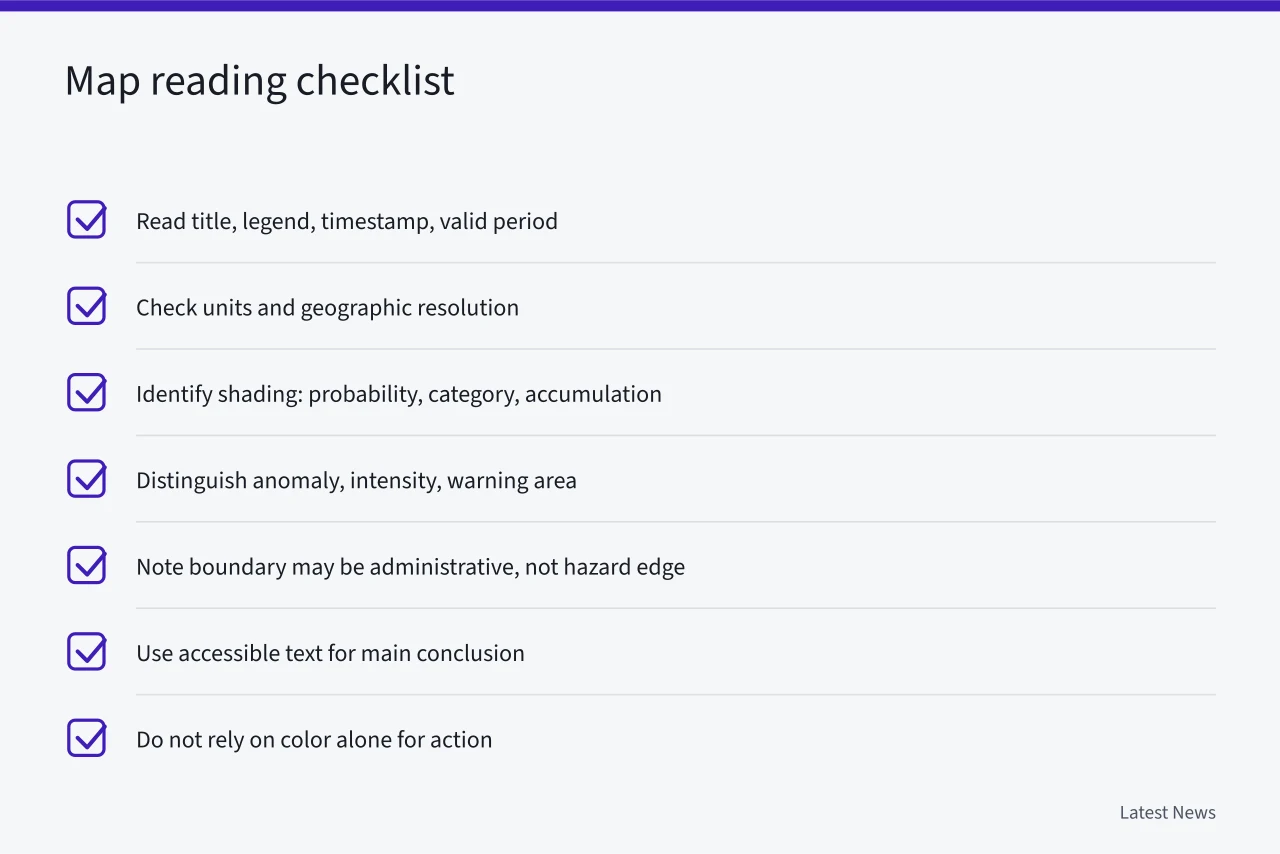 Checklist for reading weather maps: title, legend, timestamp, units, shading, boundaries, accessible text (Weather, disasters, and public safety: a reporting guide)